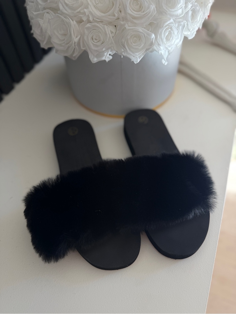 Black Faux Fur Slide Sandals Plush Slip-On Flat Shoes